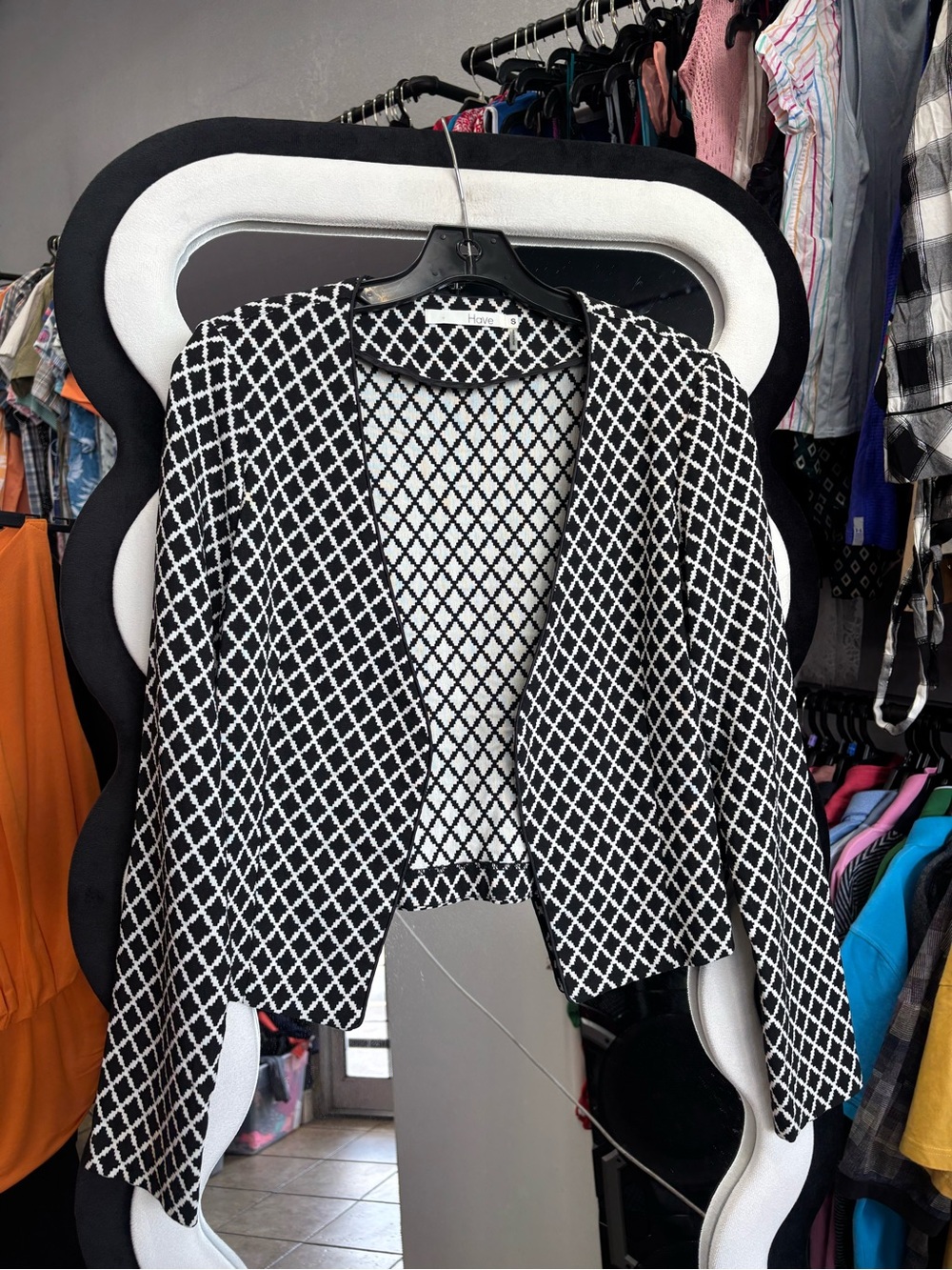 Have Black & White Diamond-Pattern Open Front Blazer